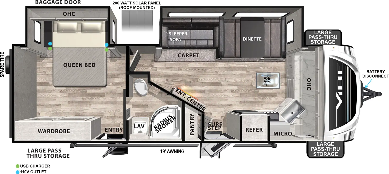 The Vibe West 27FK floorplan has two entries and two slide outs. Exterior features include: fiberglass exterior and 19' awning. Interiors features include: front kitchen and rear bedroom.